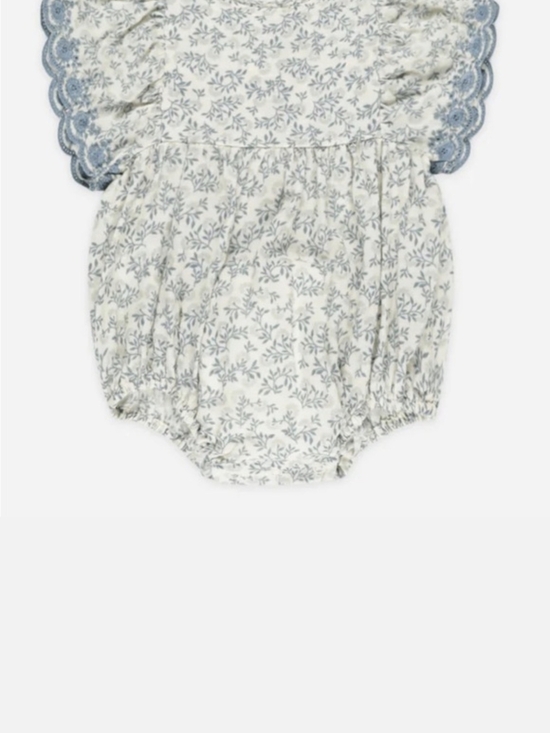 Light blue floral bubble romper with scalloped sleeves